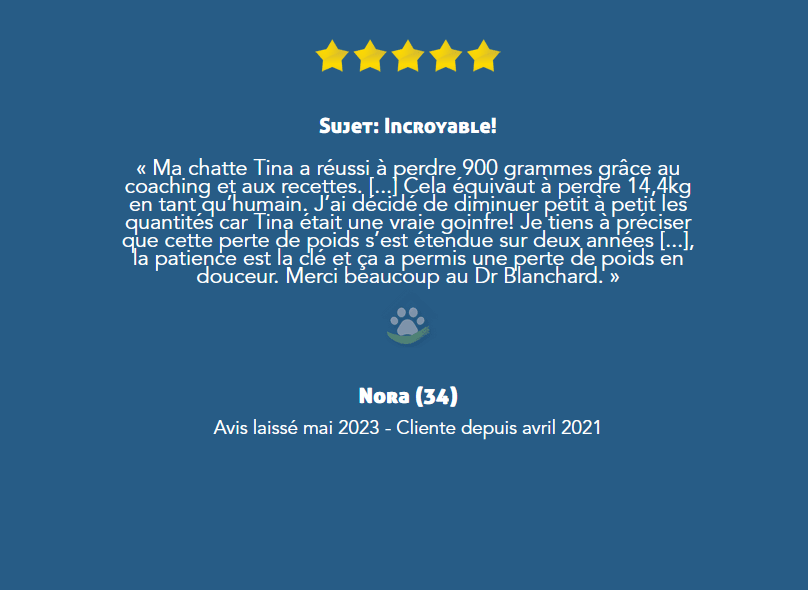 Avis sur le coaching surpoids de cuisine-a-crocs - Avis de Nora après le régime de son chat